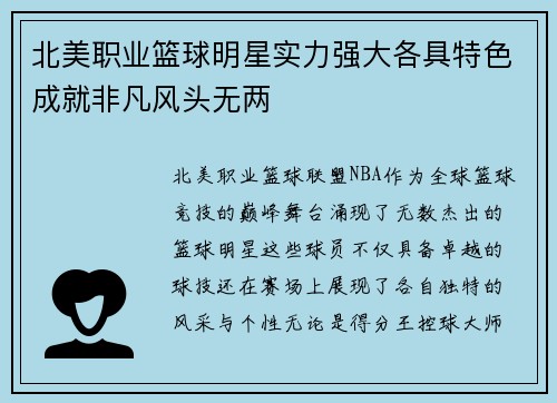 北美职业篮球明星实力强大各具特色成就非凡风头无两