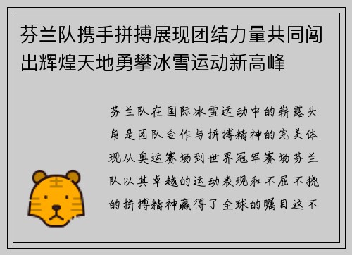 芬兰队携手拼搏展现团结力量共同闯出辉煌天地勇攀冰雪运动新高峰