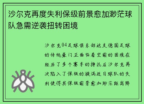 沙尔克再度失利保级前景愈加渺茫球队急需逆袭扭转困境