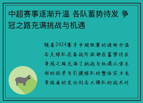 中超赛事逐渐升温 各队蓄势待发 争冠之路充满挑战与机遇