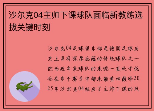 沙尔克04主帅下课球队面临新教练选拔关键时刻