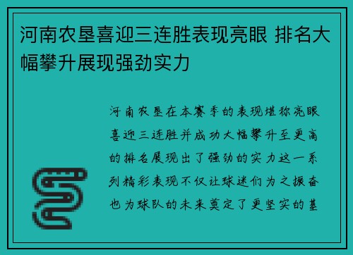 河南农垦喜迎三连胜表现亮眼 排名大幅攀升展现强劲实力