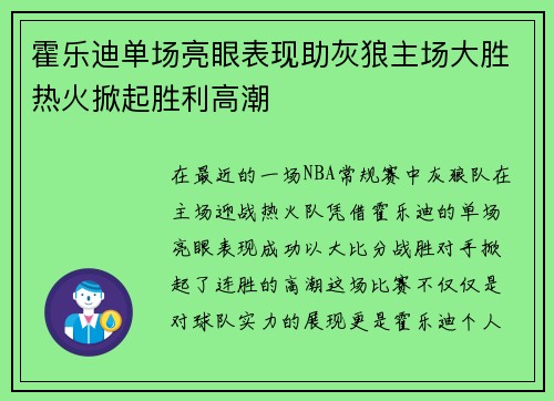 霍乐迪单场亮眼表现助灰狼主场大胜热火掀起胜利高潮